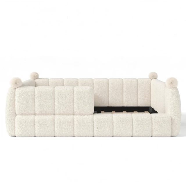 Alt view image 5 of 7 - Kids Upholstered Floor Bed with Padded Guardrails Montessori Floor Bed with Full Rails for Boys Girls, Full Size, Beige