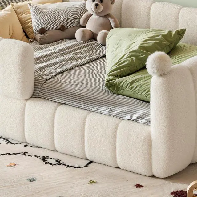 Alt view image 3 of 7 - Kids Upholstered Floor Bed with Padded Guardrails Montessori Floor Bed with Full Rails for Boys Girls, Full Size, Beige