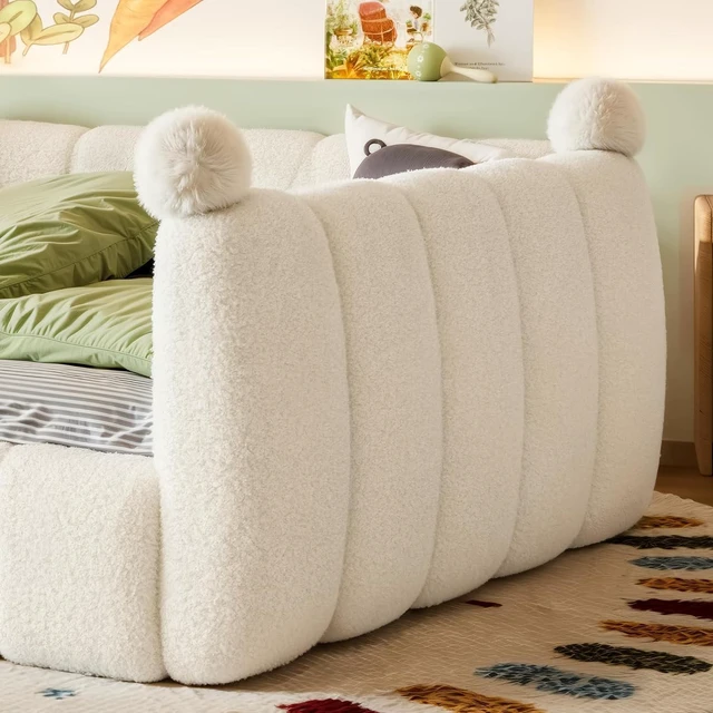 Alt view image 4 of 7 - Kids Upholstered Floor Bed with Padded Guardrails Montessori Floor Bed with Full Rails for Boys Girls, Full Size, Beige