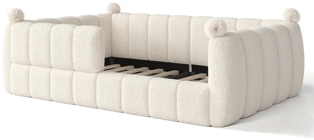 Alt view image 6 of 7 - Kids Upholstered Floor Bed with Padded Guardrails Montessori Floor Bed with Full Rails for Boys Girls, Full Size, Beige
