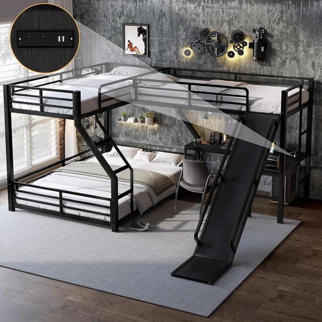 Alt view image 4 of 7 - L Shaped Bunk Bed Attached a Loft Bed with Desk, Black