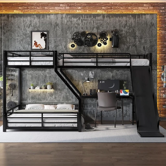 Alt view image 3 of 7 - L Shaped Bunk Bed Attached a Loft Bed with Desk, Black