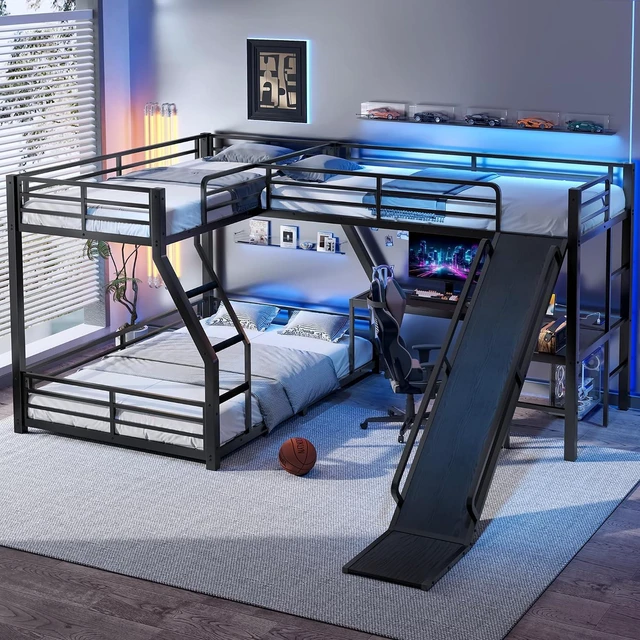 Main image of L-Shaped Triple Bunk Bed with Slide and Desk,Twin Over Full Bunk Bed Frame with Twin Size Loft Beds, Heavy Duty Triple Bunk Bed with Charging Station, No Box Spring Needed,Black
