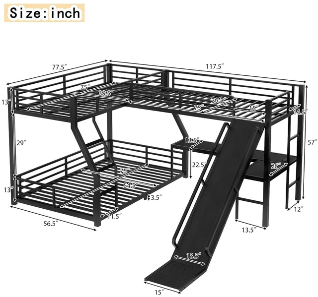 Alt view image 2 of 7 - L-Shaped Triple Bunk Bed with Slide and Desk,Twin Over Full Bunk Bed Frame with Twin Size Loft Beds, Heavy Duty Triple Bunk Bed with Charging Station, No Box Spring Needed,Black