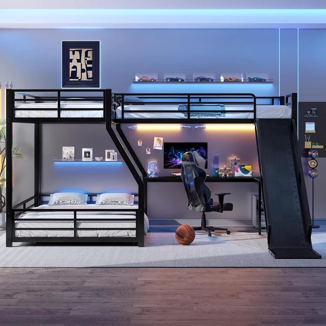 Alt view image 3 of 7 - L-Shaped Triple Bunk Bed with Slide and Desk,Twin Over Full Bunk Bed Frame with Twin Size Loft Beds, Heavy Duty Triple Bunk Bed with Charging Station, No Box Spring Needed,Black