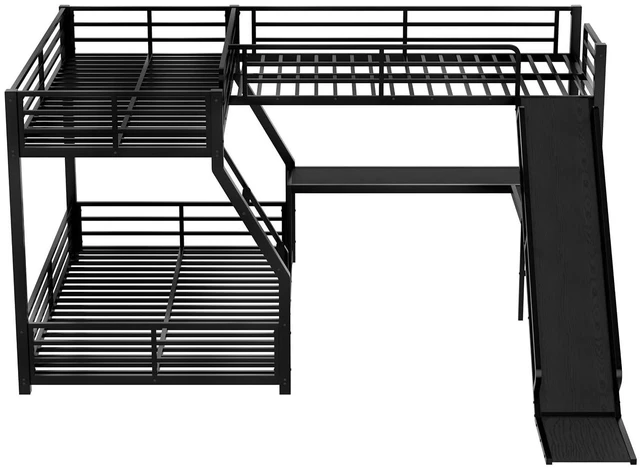 Alt view image 4 of 7 - L-Shaped Triple Bunk Bed with Slide and Desk,Twin Over Full Bunk Bed Frame with Twin Size Loft Beds, Heavy Duty Triple Bunk Bed with Charging Station, No Box Spring Needed,Black
