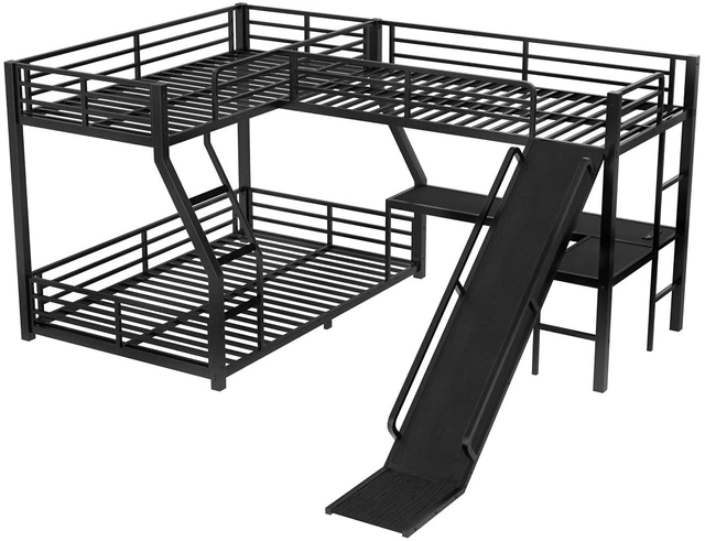 Alt view image 5 of 7 - L-Shaped Triple Bunk Bed with Slide and Desk,Twin Over Full Bunk Bed Frame with Twin Size Loft Beds, Heavy Duty Triple Bunk Bed with Charging Station, No Box Spring Needed,Black