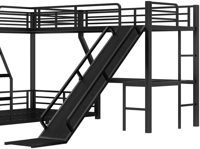 Alt view image 7 of 7 - L-Shaped Triple Bunk Bed with Slide and Desk,Twin Over Full Bunk Bed Frame with Twin Size Loft Beds, Heavy Duty Triple Bunk Bed with Charging Station, No Box Spring Needed,Black