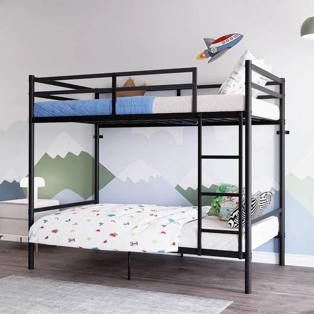 Alt view image 3 of 5 - Heavy Duty Bunk Bed Twin Over Twin with High Rails, Black