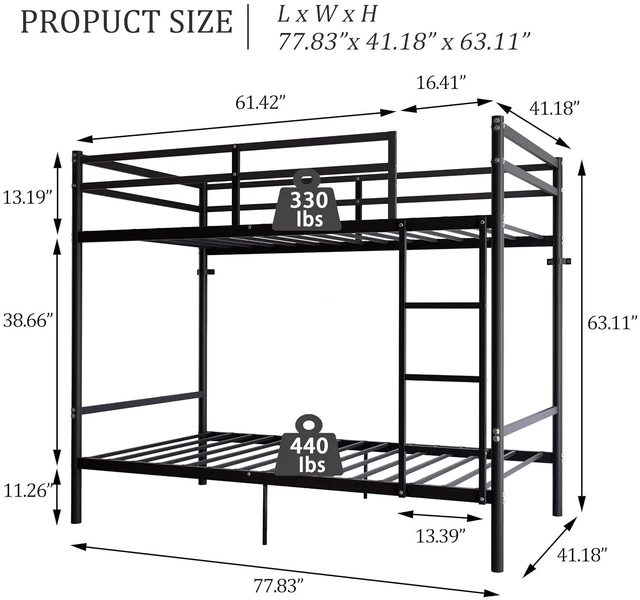 Alt view image 2 of 5 - Heavy Duty Bunk Bed Twin Over Twin with High Rails, Black
