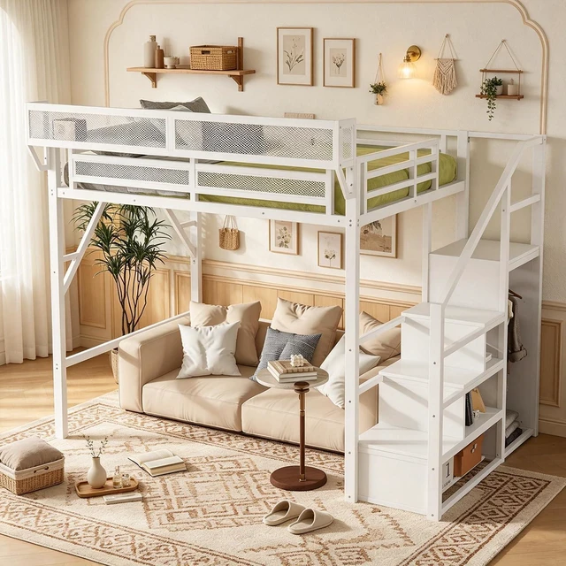Main image of Metal Loft Bed with Storage Stair and Mesh Shelf for Small Room, Modern Loft Bed with Wardrobe and No Box Spring Needed, Full Size, White