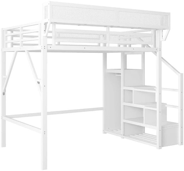 Alt view image 5 of 7 - Metal Loft Bed with Storage Stair and Mesh Shelf for Small Room, Modern Loft Bed with Wardrobe and No Box Spring Needed, Full Size, White
