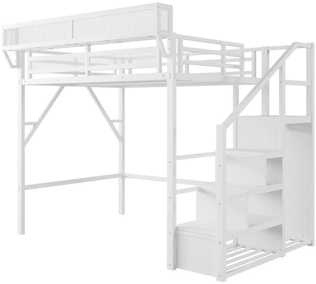 Alt view image 6 of 7 - Metal Loft Bed with Storage Stair and Mesh Shelf for Small Room, Modern Loft Bed with Wardrobe and No Box Spring Needed, Full Size, White