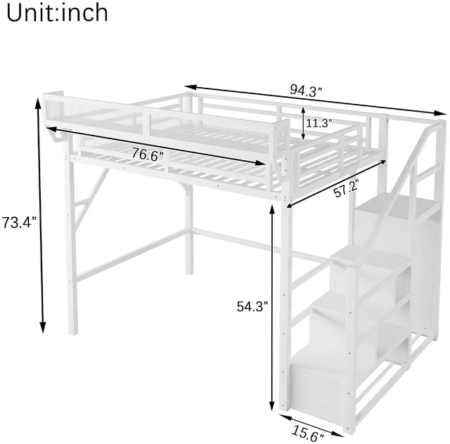 Alt view image 2 of 7 - Metal Loft Bed with Storage Stair and Mesh Shelf for Small Room, Modern Loft Bed with Wardrobe and No Box Spring Needed, Full Size, White