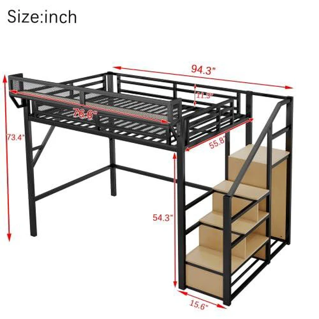 Alt view image 2 of 7 - Metal Loft Bed with Storage Stair and Mesh Shelf for Small Room, Modern Loft Bed with Wardrobe and No Box Spring Needed, Full Size, Black