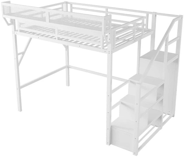 Alt view image 7 of 7 - Metal Loft Bed with Storage Stair and Mesh Shelf for Small Room, Modern Loft Bed with Wardrobe and No Box Spring Needed, Full Size, White