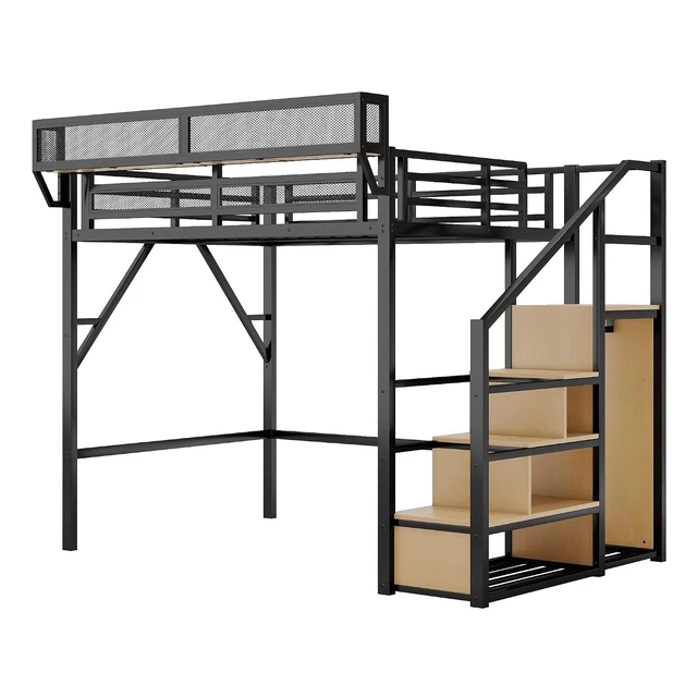 Alt view image 5 of 7 - Metal Loft Bed with Storage Stair and Mesh Shelf for Small Room, Modern Loft Bed with Wardrobe and No Box Spring Needed, Full Size, Black