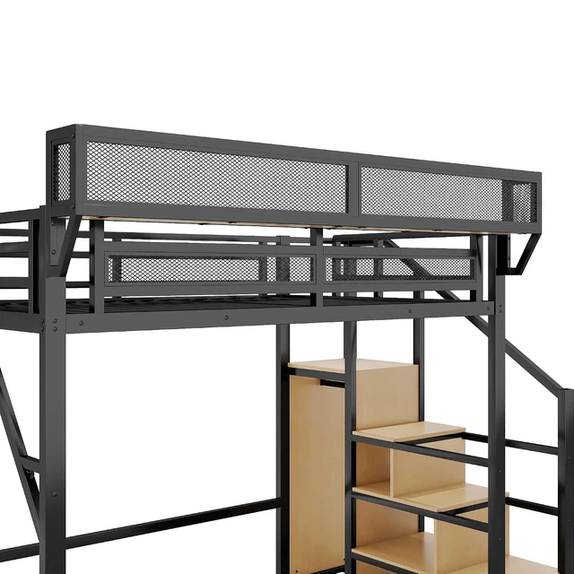 Alt view image 4 of 7 - Metal Loft Bed with Storage Stair and Mesh Shelf for Small Room, Modern Loft Bed with Wardrobe and No Box Spring Needed, Full Size, Black