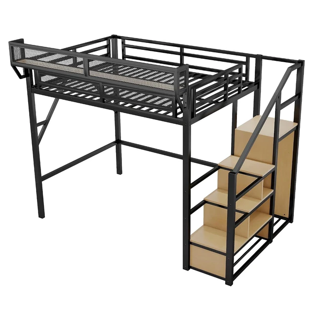 Alt view image 6 of 7 - Metal Loft Bed with Storage Stair and Mesh Shelf for Small Room, Modern Loft Bed with Wardrobe and No Box Spring Needed, Full Size, Black