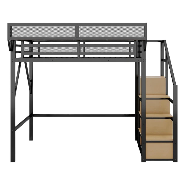 Alt view image 7 of 7 - Metal Loft Bed with Storage Stair and Mesh Shelf for Small Room, Modern Loft Bed with Wardrobe and No Box Spring Needed, Full Size, Black