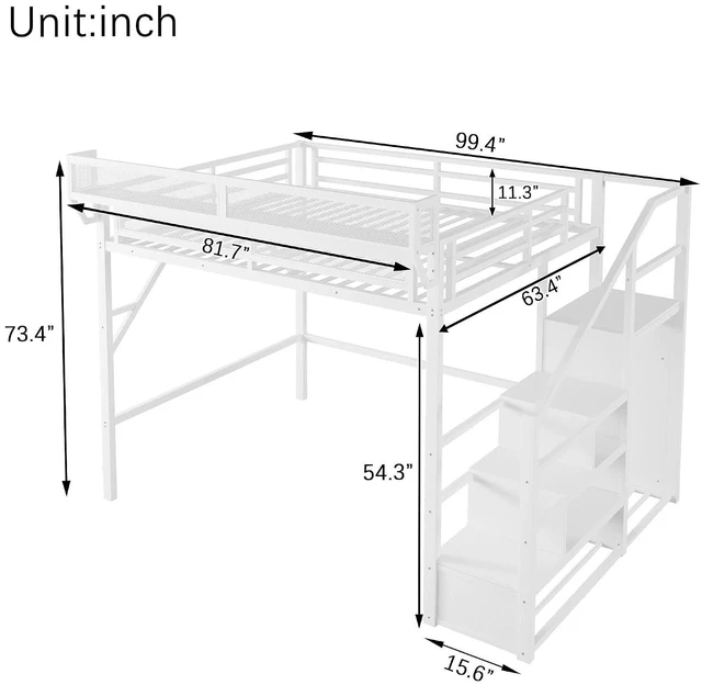 Alt view image 2 of 7 - Metal Loft Bed with Storage Stair and Mesh Shelf for Small Room, Modern Loft Bed with Wardrobe and No Box Spring Needed, Queen Size, White