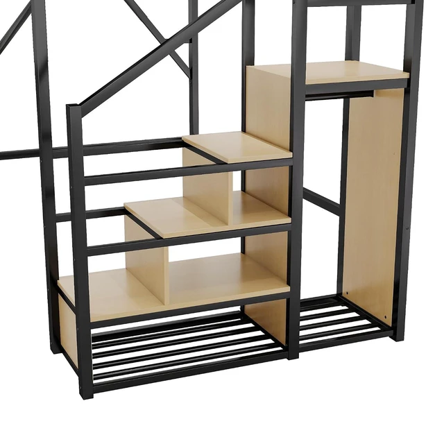 Alt view image 3 of 7 - Metal Loft Bed with Storage Stair and Mesh Shelf for Small Room, Modern Loft Bed with Wardrobe and No Box Spring Needed, Full Size, Black