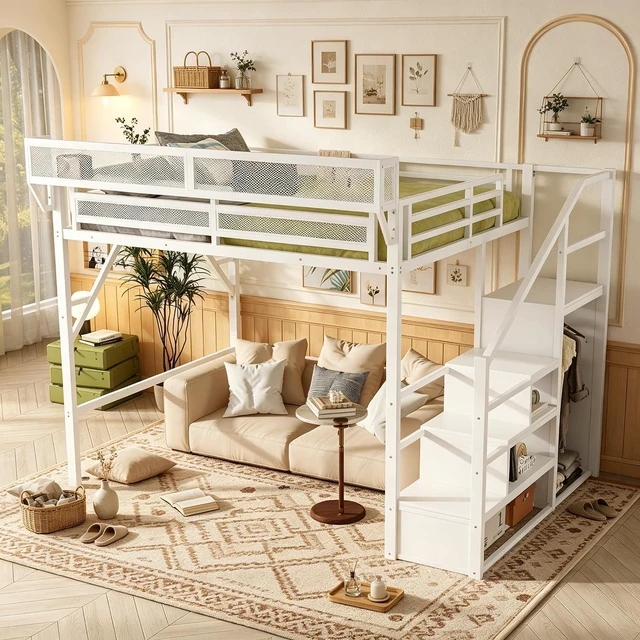 Main image of Metal Loft Bed with Storage Stair and Mesh Shelf for Small Room, Modern Loft Bed with Wardrobe and No Box Spring Needed, Queen Size, White