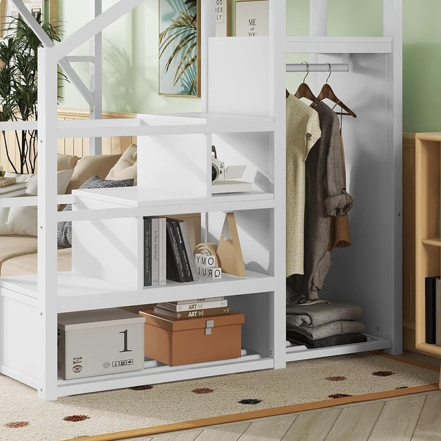 Alt view image 4 of 7 - Metal Loft Bed with Storage Stair and Mesh Shelf for Small Room, Modern Loft Bed with Wardrobe and No Box Spring Needed, Full Size, White