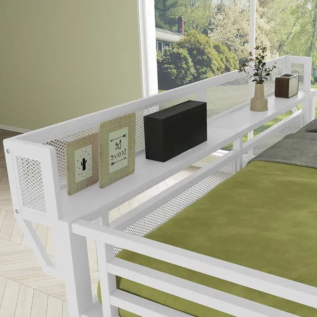 Alt view image 3 of 7 - Metal Loft Bed with Storage Stair and Mesh Shelf for Small Room, Modern Loft Bed with Wardrobe and No Box Spring Needed, Full Size, White