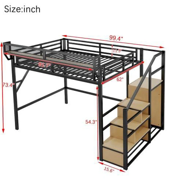 Alt view image 2 of 7 - Metal Loft Bed with Storage Stair and Mesh Shelf for Small Room, Modern Loft Bed with Wardrobe and No Box Spring Needed, Queen Size, Black