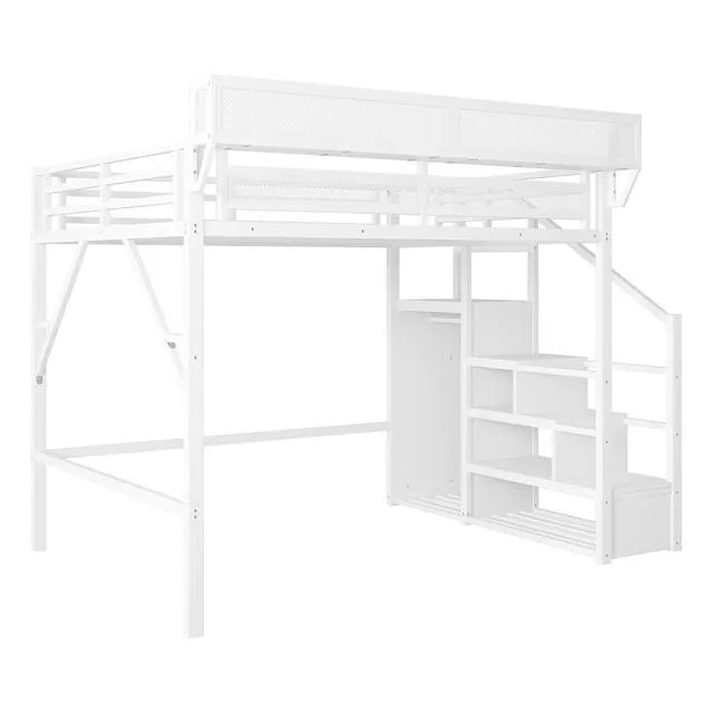 Alt view image 6 of 7 - Metal Loft Bed with Storage Stair and Mesh Shelf for Small Room, Modern Loft Bed with Wardrobe and No Box Spring Needed, Queen Size, White