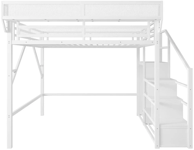 Alt view image 5 of 7 - Metal Loft Bed with Storage Stair and Mesh Shelf for Small Room, Modern Loft Bed with Wardrobe and No Box Spring Needed, Queen Size, White