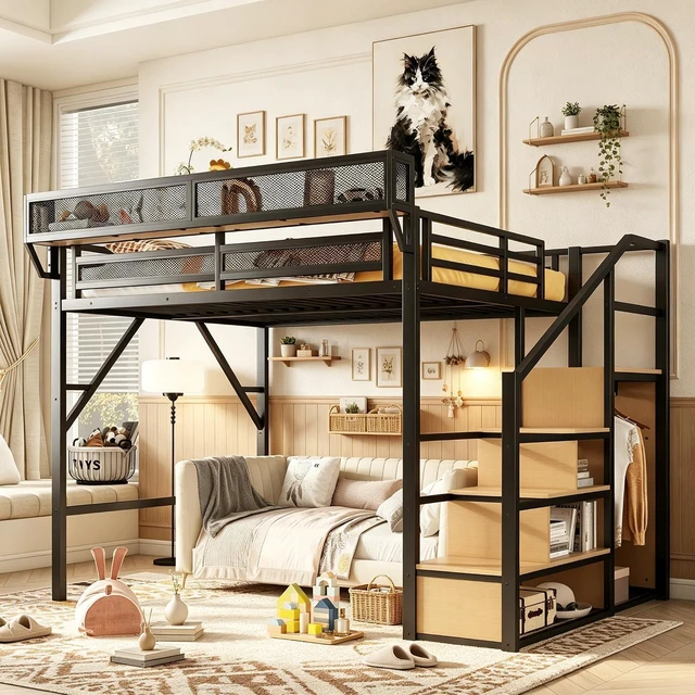 Main image of Metal Loft Bed with Storage Stair and Mesh Shelf for Small Room, Modern Loft Bed with Wardrobe and No Box Spring Needed, Queen Size, Black