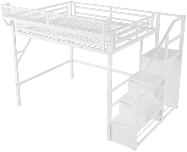 Alt view image 7 of 7 - Metal Loft Bed with Storage Stair and Mesh Shelf for Small Room, Modern Loft Bed with Wardrobe and No Box Spring Needed, Queen Size, White
