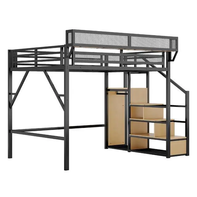 Alt view image 4 of 7 - Metal Loft Bed with Storage Stair and Mesh Shelf for Small Room, Modern Loft Bed with Wardrobe and No Box Spring Needed, Queen Size, Black