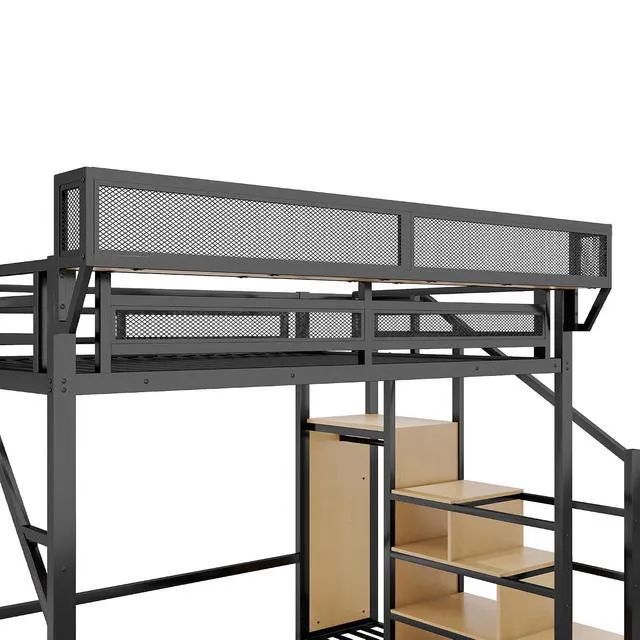 Alt view image 3 of 7 - Metal Loft Bed with Storage Stair and Mesh Shelf for Small Room, Modern Loft Bed with Wardrobe and No Box Spring Needed, Queen Size, Black