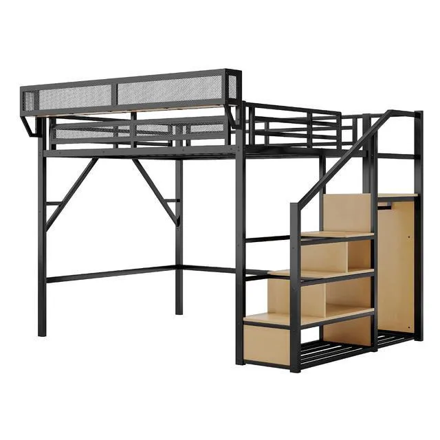 Alt view image 5 of 7 - Metal Loft Bed with Storage Stair and Mesh Shelf for Small Room, Modern Loft Bed with Wardrobe and No Box Spring Needed, Queen Size, Black
