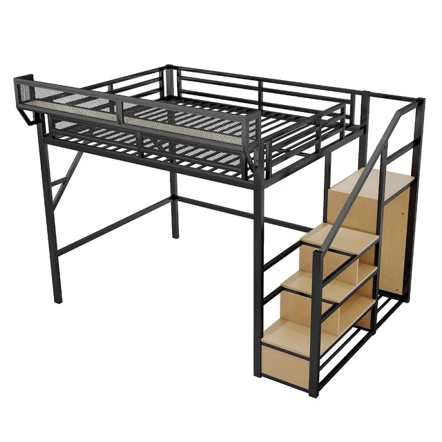Alt view image 7 of 7 - Metal Loft Bed with Storage Stair and Mesh Shelf for Small Room, Modern Loft Bed with Wardrobe and No Box Spring Needed, Queen Size, Black