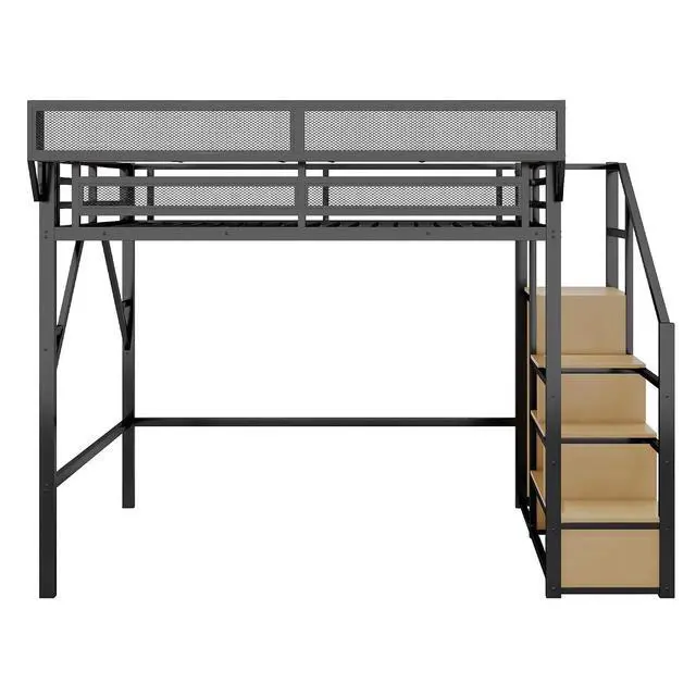 Alt view image 6 of 7 - Metal Loft Bed with Storage Stair and Mesh Shelf for Small Room, Modern Loft Bed with Wardrobe and No Box Spring Needed, Queen Size, Black