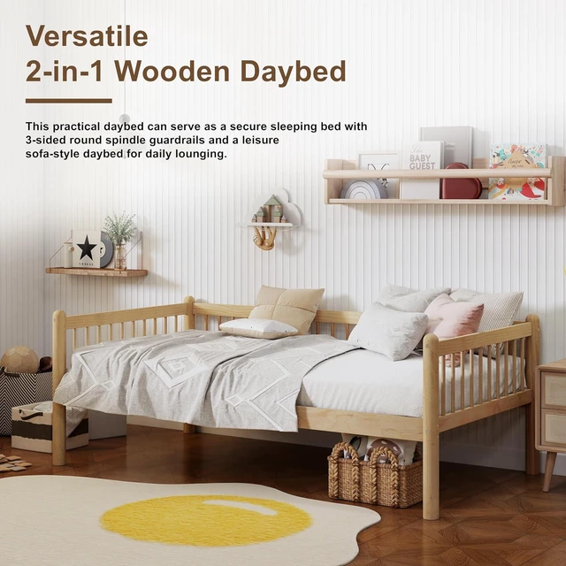Alt view image 3 of 7 - Twin Pine Wood Daybed with 3-Side Guardrails, Natural