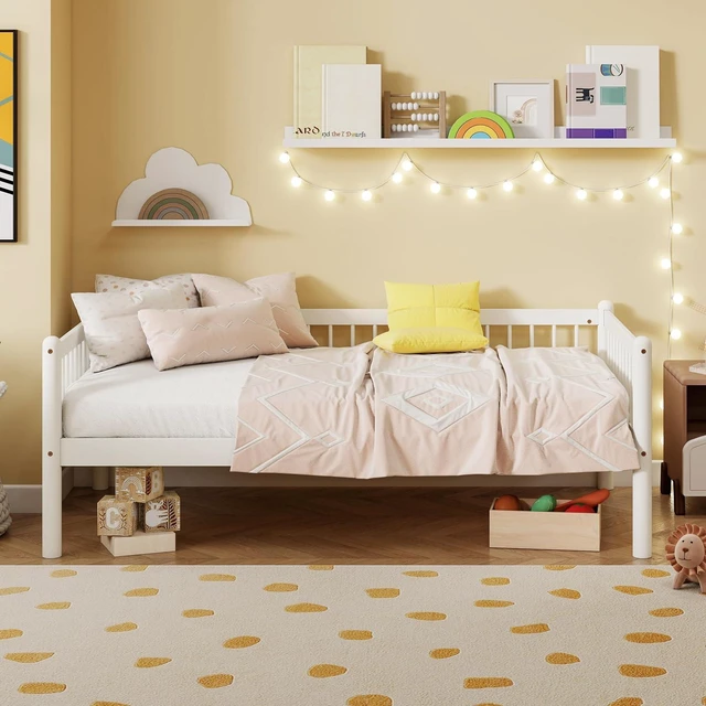 Main image of Twin Pine Wood Daybed with 3-Side Guardrails, White