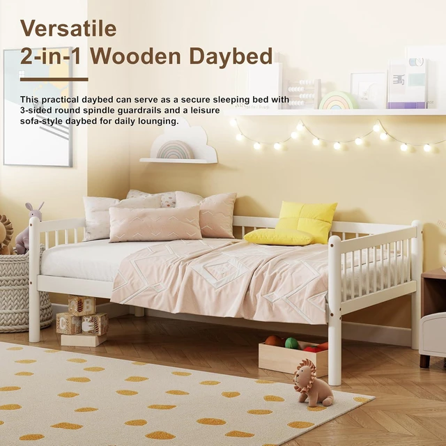Alt view image 4 of 7 - Twin Pine Wood Daybed with 3-Side Guardrails, White