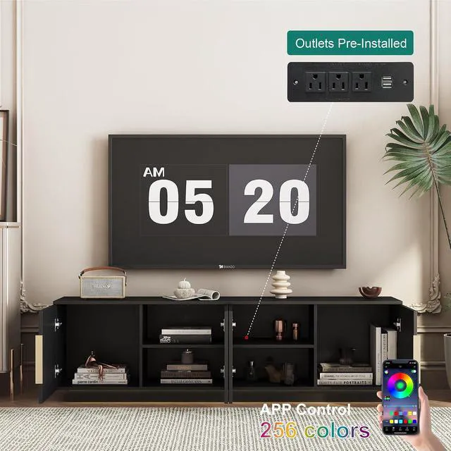 Alt view image 3 of 5 - 68" Modern TV Stand for 55/60/65 Inch TV, Entertainment Center with 16 Color Led and Spacious Storage for Living Room, Black