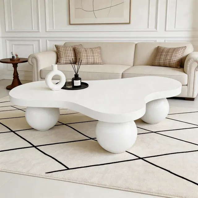 Main image of 46" Cloud Shaped Coffee Table with 3 Ball Legs, Irregular Low Wooden Coffee Table for Living Room, Office, or Small Spaces, White