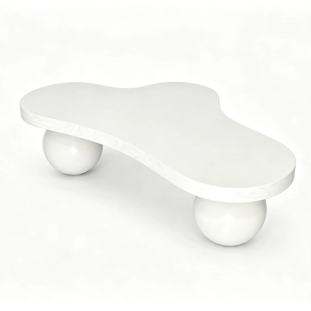 Alt view image 3 of 7 - 46" Cloud Shaped Coffee Table with 3 Ball Legs, Irregular Low Wooden Coffee Table for Living Room, Office, or Small Spaces, White