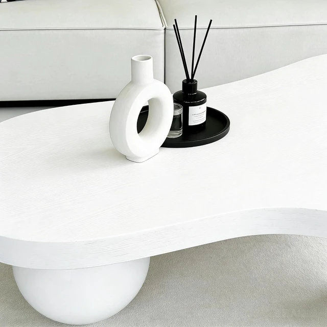 Alt view image 6 of 7 - 46" Cloud Shaped Coffee Table with 3 Ball Legs, Irregular Low Wooden Coffee Table for Living Room, Office, or Small Spaces, White