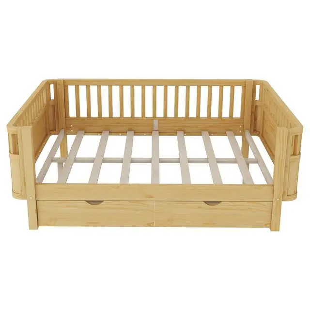 Alt view image 5 of 7 - Full Size Floor Bed with Storage Drawers and High Rails for Kids, Transition Platform Bed with Removable Guardrails Convertible Montessori Bed for Boys Girls, Easy Assembly and MultiFunctional,Natural