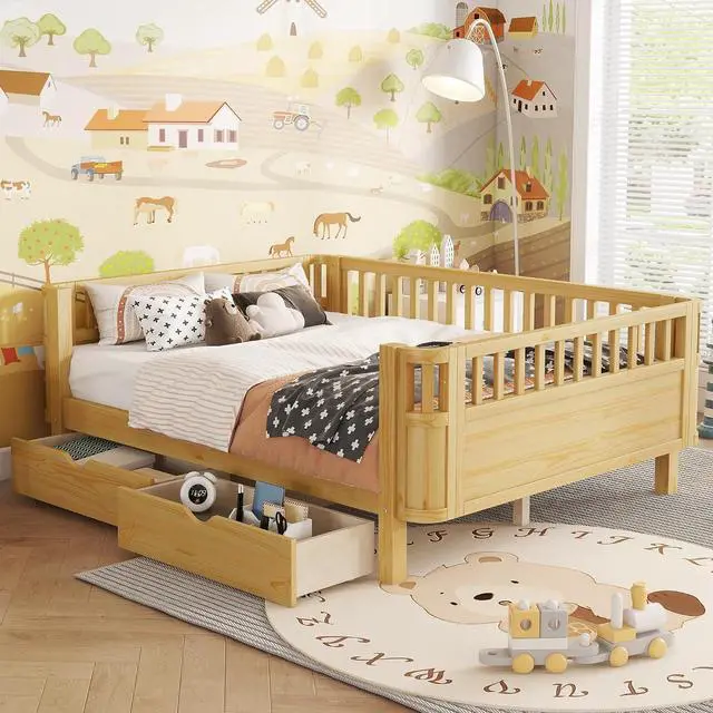 Main image of Full Size Floor Bed with Storage Drawers and High Rails for Kids, Transition Platform Bed with Removable Guardrails Convertible Montessori Bed for Boys Girls, Easy Assembly and MultiFunctional,Natural