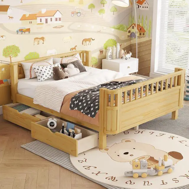 Alt view image 3 of 7 - Full Size Floor Bed with Storage Drawers and High Rails for Kids, Transition Platform Bed with Removable Guardrails Convertible Montessori Bed for Boys Girls, Easy Assembly and MultiFunctional,Natural