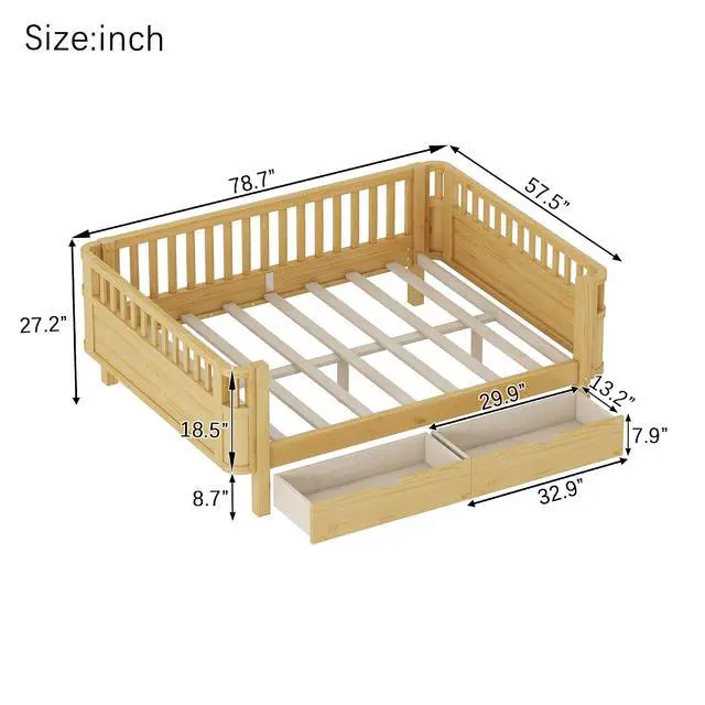 Alt view image 2 of 7 - Full Size Floor Bed with Storage Drawers and High Rails for Kids, Transition Platform Bed with Removable Guardrails Convertible Montessori Bed for Boys Girls, Easy Assembly and MultiFunctional,Natural